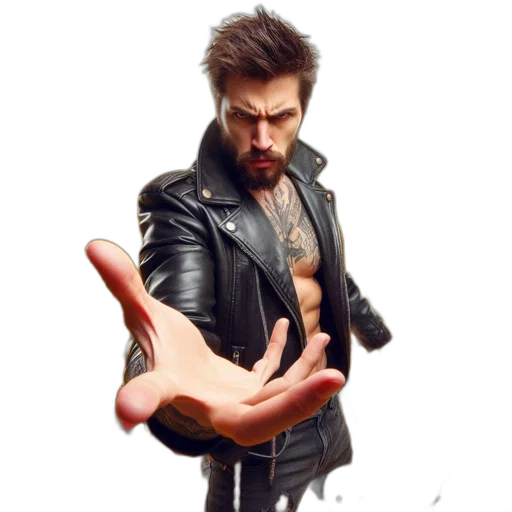 jacket, weapon, concept art, photorealistic, 3d render, comic book art, man, beard transparent PNG cut-out