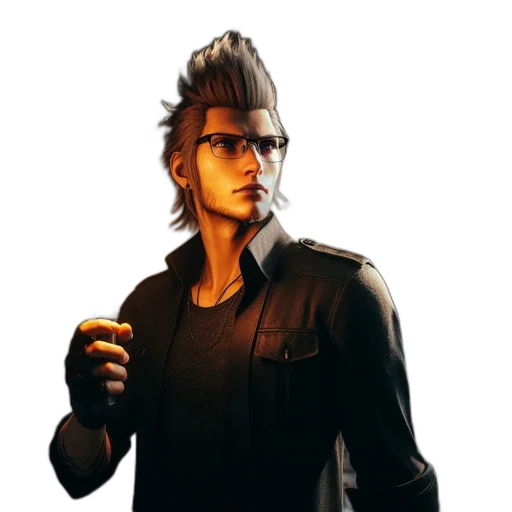 jacket, staff, hair, face, concept art, 3d render, cyberpunk, pixel art transparent PNG cut-out