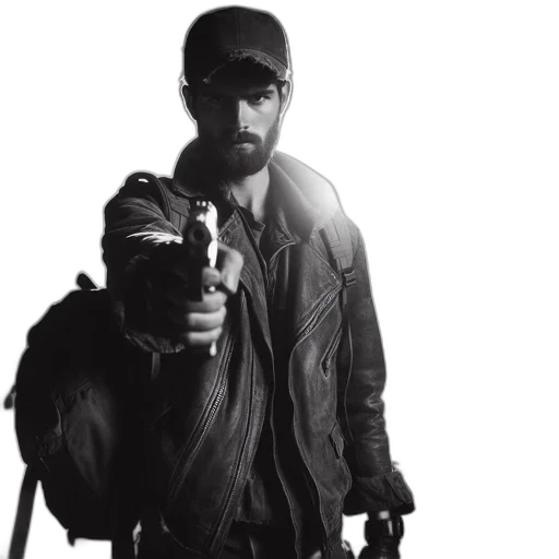 jacket, weapon, concept art, dimly, lit, space, man, leather transparent PNG cut-out
