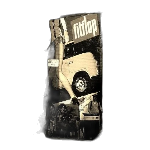 car, shoes, concept art, sepia-toned, photo, street, scene, large transparent PNG cut-out