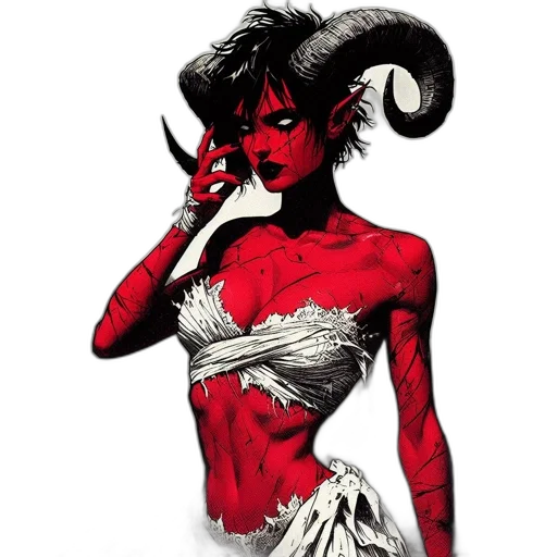 comic book art, fantasy art, concept art, pixel art, red, red-skinned, woman, horns transparent PNG cut-out