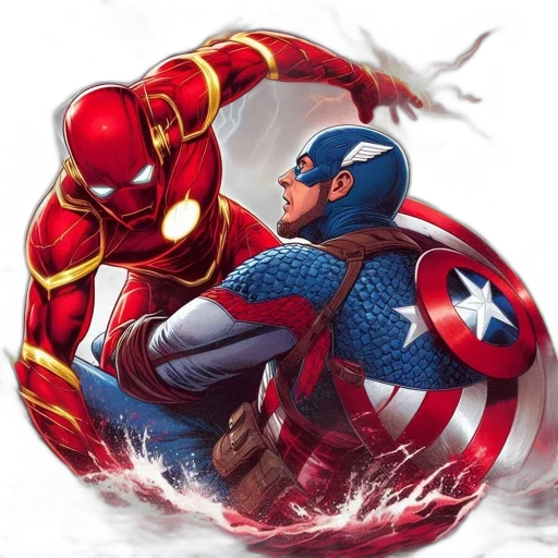 comic book art, concept art, fantasy art, two, iconic, superheroes, engage, intense transparent PNG cut-out