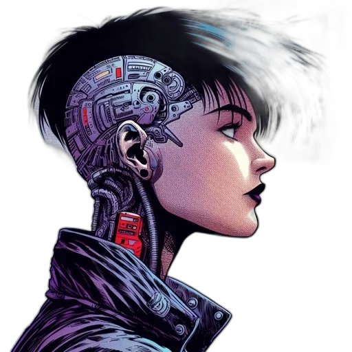 robot, jacket, cyberpunk, comic book art, concept art, cartoon, neon lights, individual transparent PNG cut-out