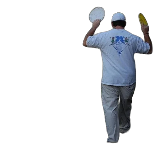 hat, staff, man, white, shirt, holding, two, frisbees transparent PNG cut-out
