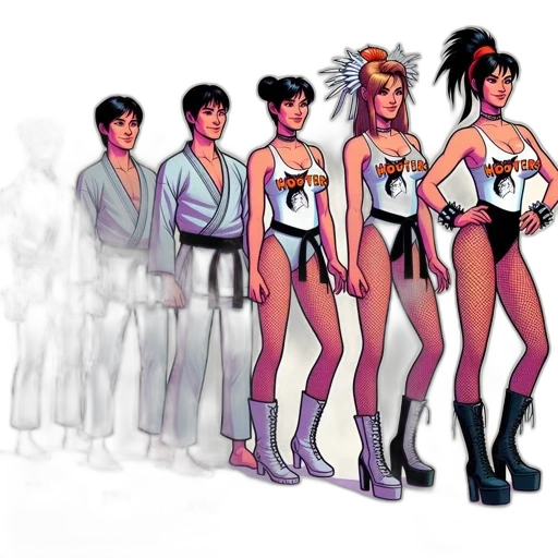 staff, concept art, comic book art, pixel art, cartoon, lineup, five, animated transparent PNG cut-out
