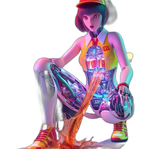 dress, robot, shoes, hat, cyberpunk, concept art, 3d render, vaporwave transparent PNG cut-out