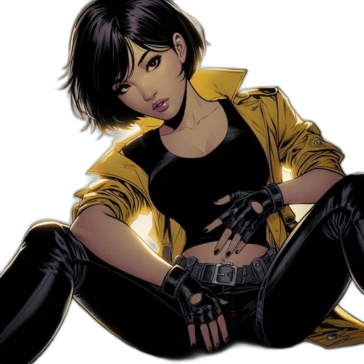 jacket, comic book art, concept art, cyberpunk, cartoon, golden, focused, female transparent PNG cut-out
