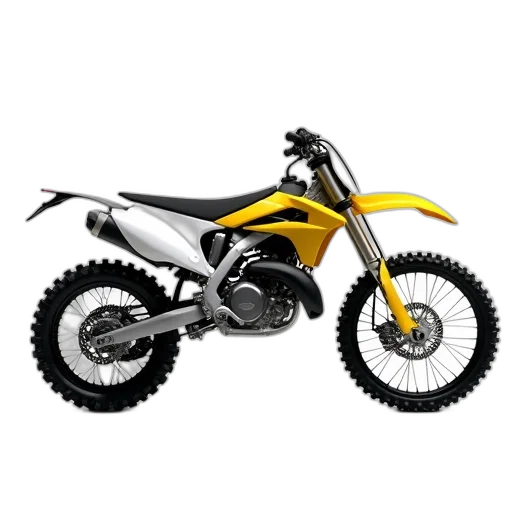 3d render, photorealistic, white, yellow, black, motocross, motorcycle, parked transparent PNG cut-out