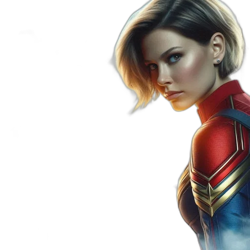 comic book art, concept art, fantasy art, photorealistic, woman, captain, marvel-like, uniform transparent PNG cut-out