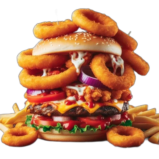 food, crown, animal, weapon, photorealistic, 3d render, towering, burger transparent PNG cut-out