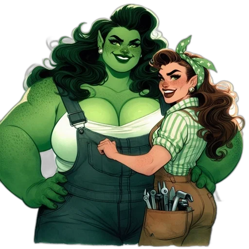 comic book art, concept art, fantasy art, cartoon, green, two, animated, characters transparent PNG cut-out