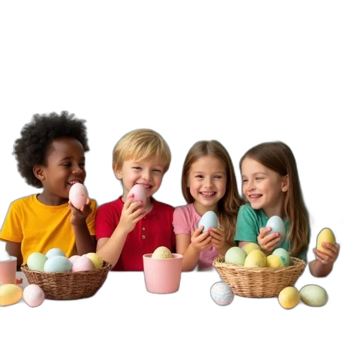 food, 3d render, pastel, group, four, children, sitting, table transparent PNG cut-out