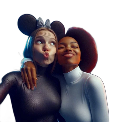 concept art, 3d render, cartoon, photorealistic, two, women, posing, joy transparent PNG cut-out