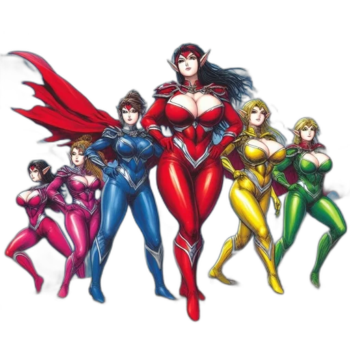 concept art, comic book art, pixel art, fantasy art, red, five, female, superheroes transparent PNG cut-out
