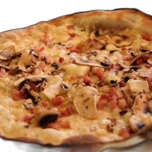 food, delicious-looking, pizza, mushrooms, bacon, cheese, wooden, table transparent PNG cut-out