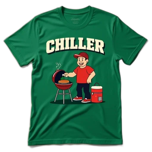 3d render, green, t-shirt, cartoon, character, man, grilling, burger transparent PNG cut-out