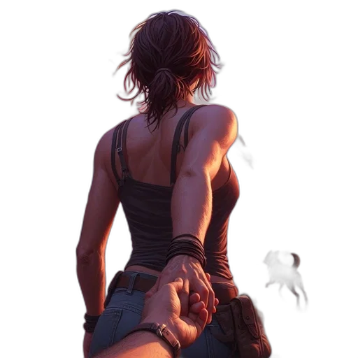 weapon, concept art, fantasy art, photorealistic, 3d render, fire, sunset, woman transparent PNG cut-out
