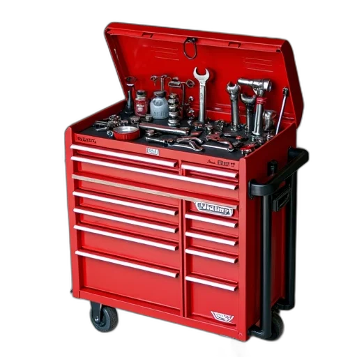 furniture, staff, red, toolbox, black, metal, stand, placed transparent PNG cut-out