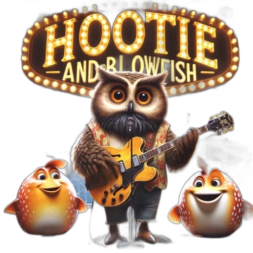 animated, scene, shows, owl, guitarist, three, fish, characters transparent PNG cut-out