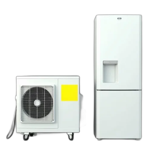 robot, 3d render, white, air, conditioner, yellow, sticker, placed transparent PNG cut-out