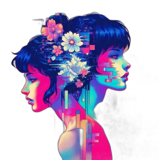 face, flower, crown, concept art, photorealistic, cyberpunk, fantasy art, neon lights transparent PNG cut-out