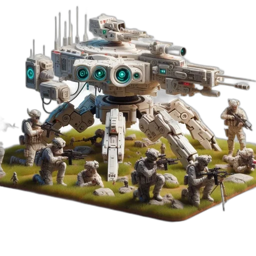 weapon, concept art, 3d render, outer space, futuristic, robot, multiple, turrets transparent PNG cut-out