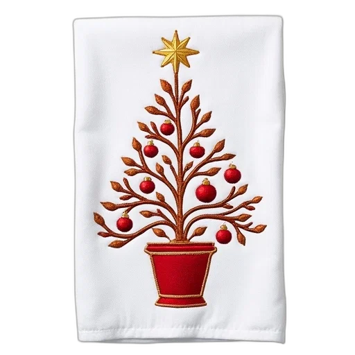 white, hand, towel, red, gold, embroidered, christmas, tree transparent PNG cut-out