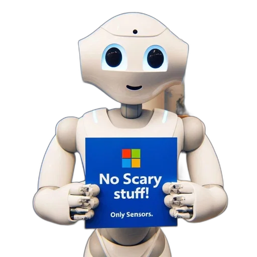 robot, 3d render, anthropomorphic, microsoft, logo, holds, scary, stuff transparent PNG cut-out