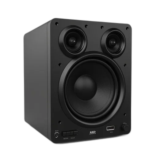 3d render, black, speaker, two, large, speakers, front, control transparent PNG cut-out