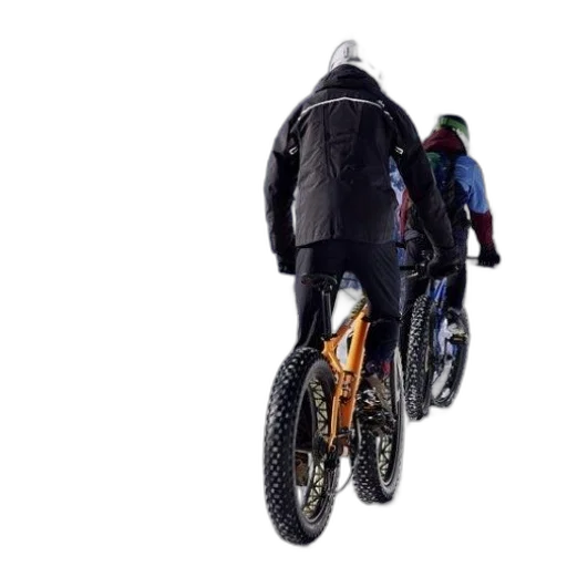 jacket, 3d render, concept art, two, cyclists, fat, bikes, snow transparent PNG cut-out