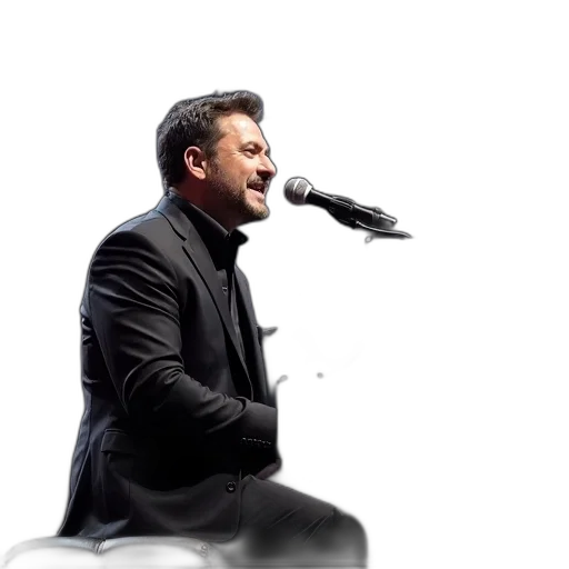 jacket, man, microphone, seated, piano, stage, wearing, black transparent PNG cut-out