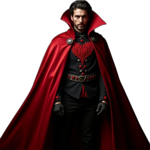 jacket, staff, concept art, comic book art, red, king, hearts, costume transparent PNG cut-out