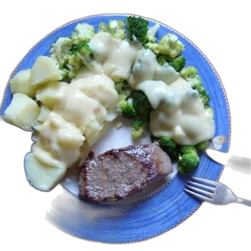 food, photorealistic, 3d render, blue, plate, steak, potatoes, broccoli transparent PNG cut-out
