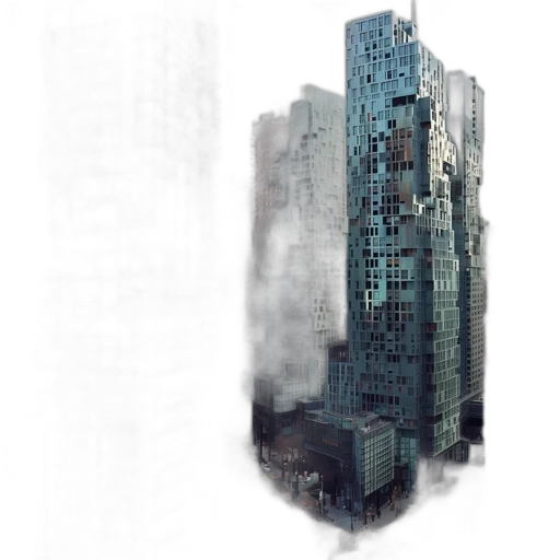 building, robot, concept art, photorealistic, 3d render, comic book art, fog, city street transparent PNG cut-out