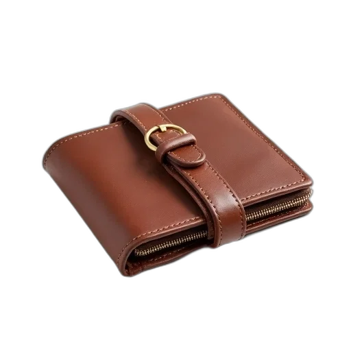 brown, leather, wallet, strap, closure, lying, white, background transparent PNG cut-out