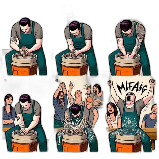concept art, comic book art, cartoon, man, works, pottery, wheel, makes transparent PNG cut-out