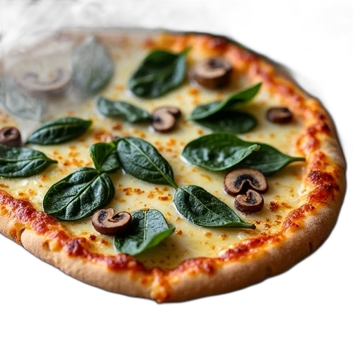 food, photorealistic, 3d render, rustic, italian, pizza, mushrooms, spinach transparent PNG cut-out