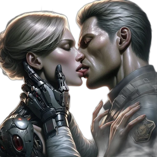 robot, comic book art, cyberpunk, concept art, photorealistic, outer space, intimate, embrace transparent PNG cut-out