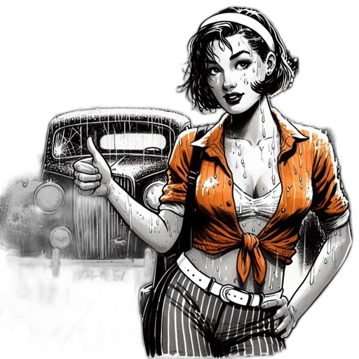 car, comic book art, concept art, cartoon, photorealistic, city street, neon lights, woman transparent PNG cut-out