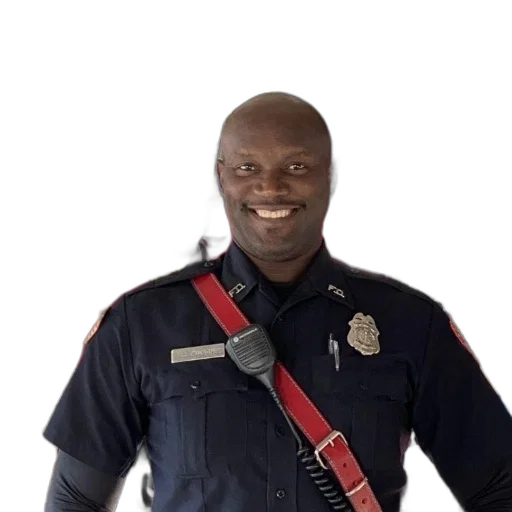 staff, weapon, face, jacket, smiling, firefighter, uniform, stands transparent PNG cut-out