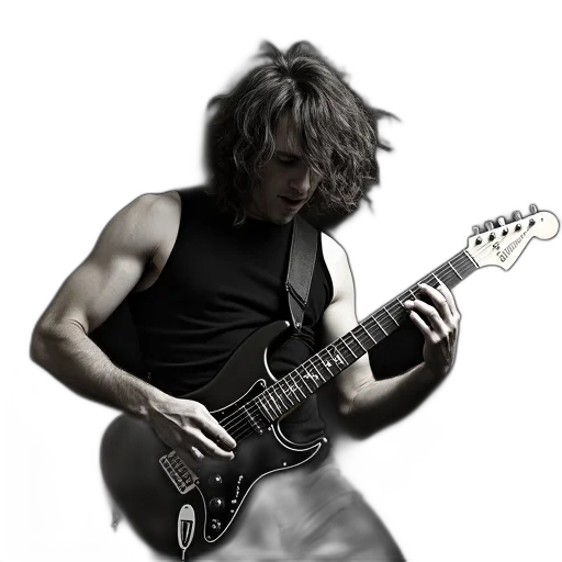 hair, weapon, photorealistic, cartoon, 3d render, concept art, guitarist, hard transparent PNG cut-out