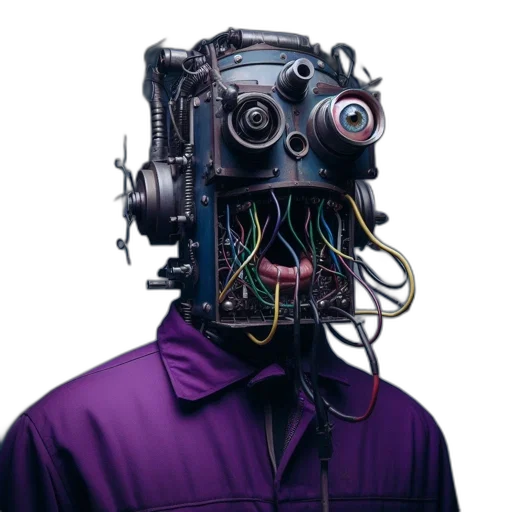 robot, mask, jacket, face, cyberpunk, concept art, 3d render, figure transparent PNG cut-out