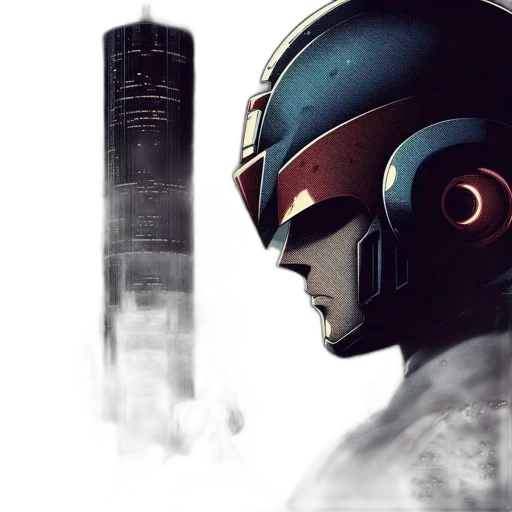 robot, concept art, comic book art, 3d render, cyberpunk, outer space, futuristic, cityscape transparent PNG cut-out