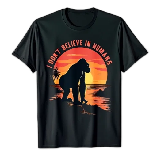 sunset, black, t-shirt, graphic, design, featuring, silhouette, gorilla transparent PNG cut-out