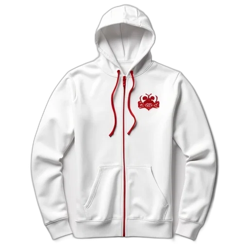 jacket, white, hoodie, red, zipper, pull, patch, left transparent PNG cut-out