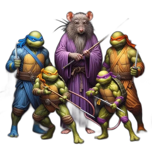 staff, concept art, fantasy art, comic book art, four, anthropomorphic, turtles, resembling transparent PNG cut-out