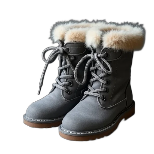 shoes, 3d render, photorealistic, pair, grey, winter, boots, fur-lined transparent PNG cut-out