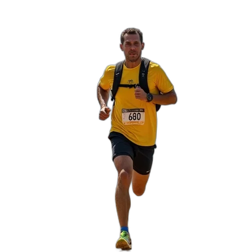man, yellow, shirt, black, shorts, running, dirt, path transparent PNG cut-out