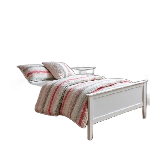 furniture, 3d render, photorealistic, white, bed, colorful, quilt, placed transparent PNG cut-out