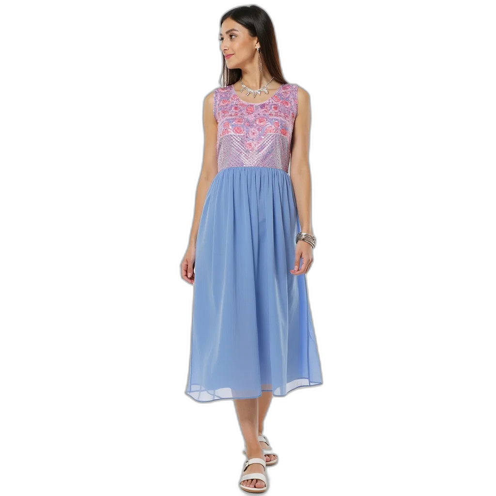 dress, pastel, blue, woman, standing, white, background, wearing transparent PNG cut-out
